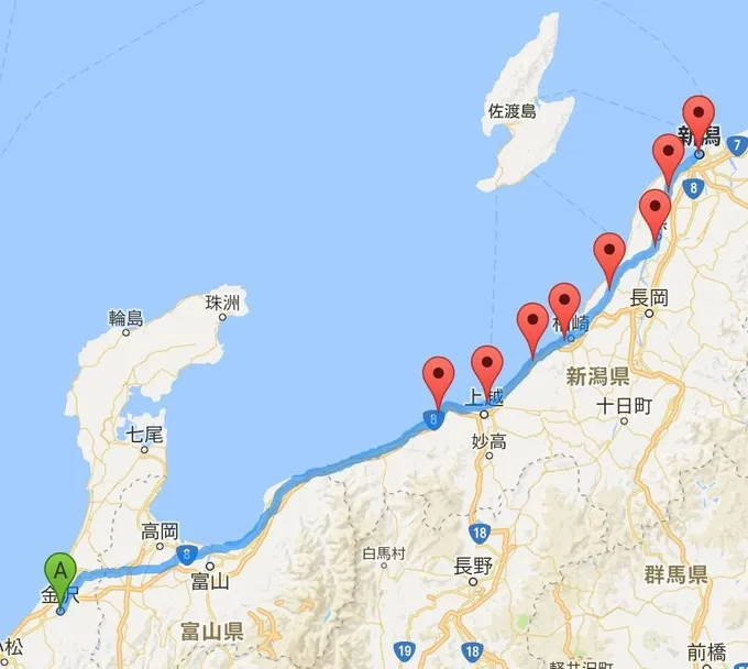 Google Mapでスタート地点からゴール地点の道のりを表示した後、マーカーで辿る
